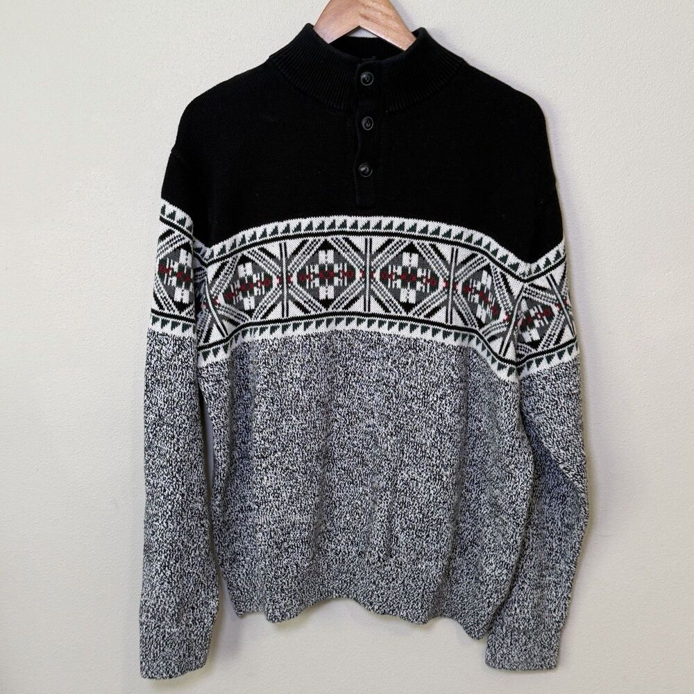 Chaps Sweater Mens XL Fair Isle Nordic Pullover Sweater Black 1/4 Button